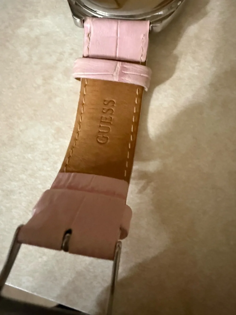 GUESS Women's Large Faced Heart Gemmed Pink Leather Band Stainless Steel Quartz